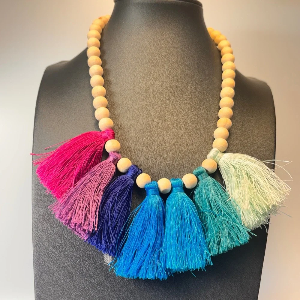 Wooden Bead Necklace Set Multicolor Tassel Boho Statement Layered 3pcs